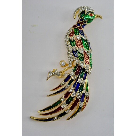 Peacock Bird Of Paradise Brooch Pin Colorful Enamel & Crystals Gold Tone LG 3" - Picture 10 of 10